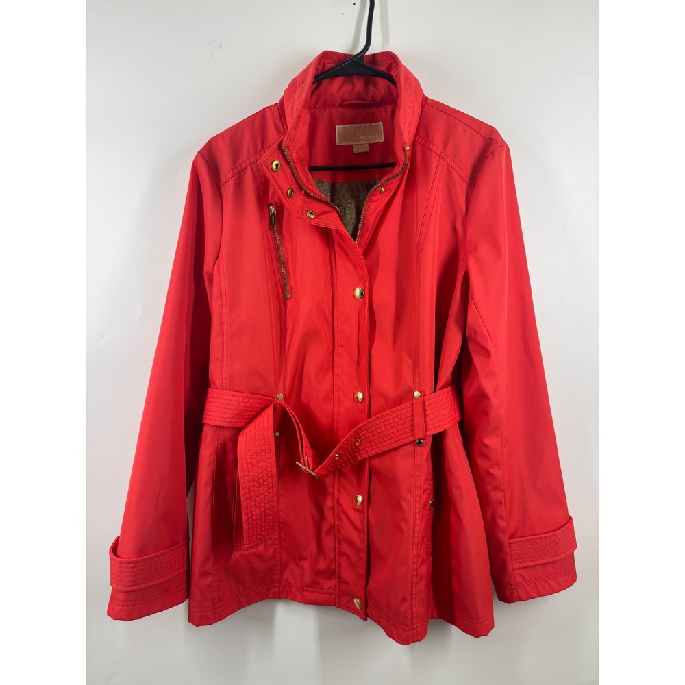 Michael Kors Red Belted Trench Jacket Gold Hardware Packable Hood Waterproof L